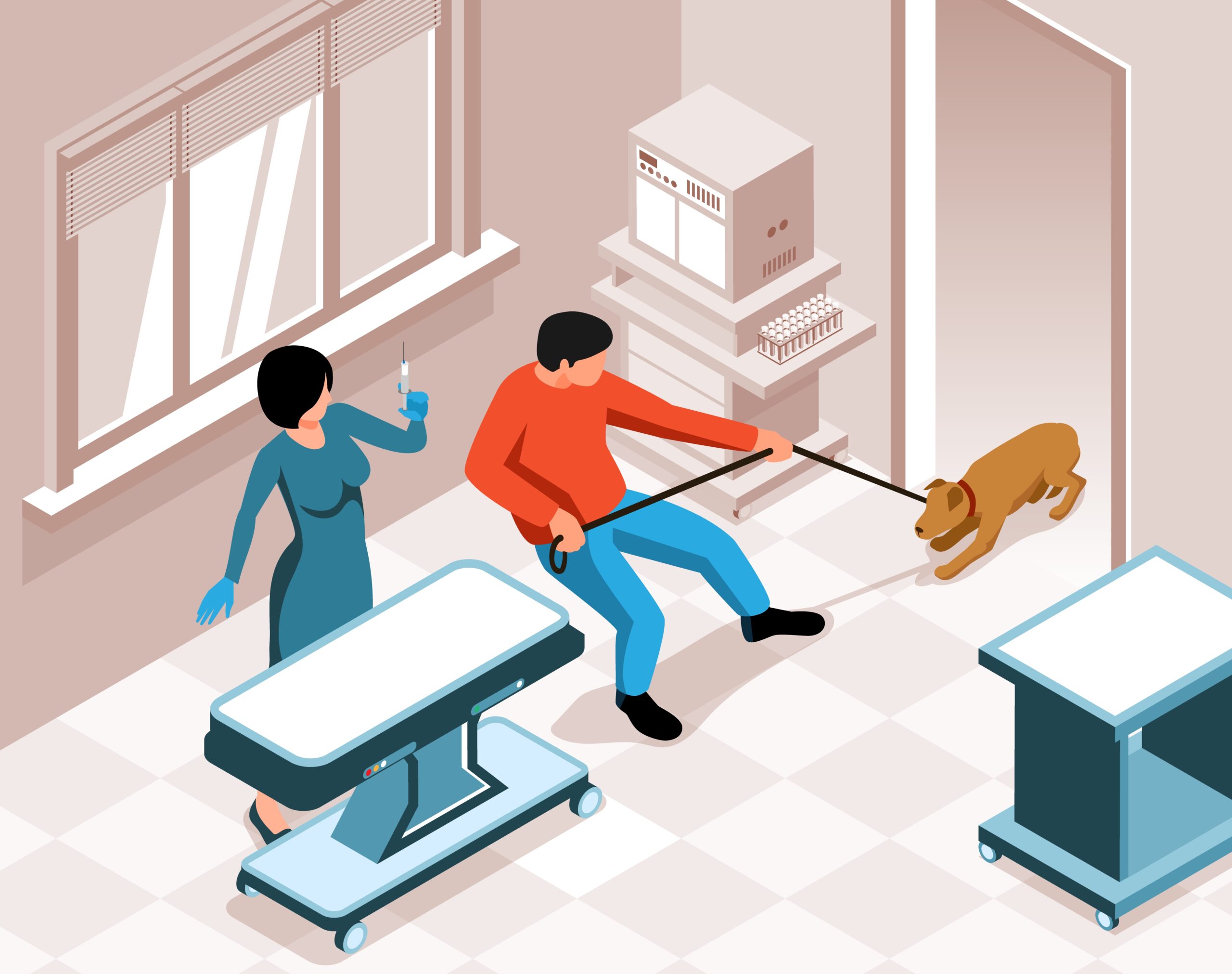 Dog nervous at veterinary clinic illustration