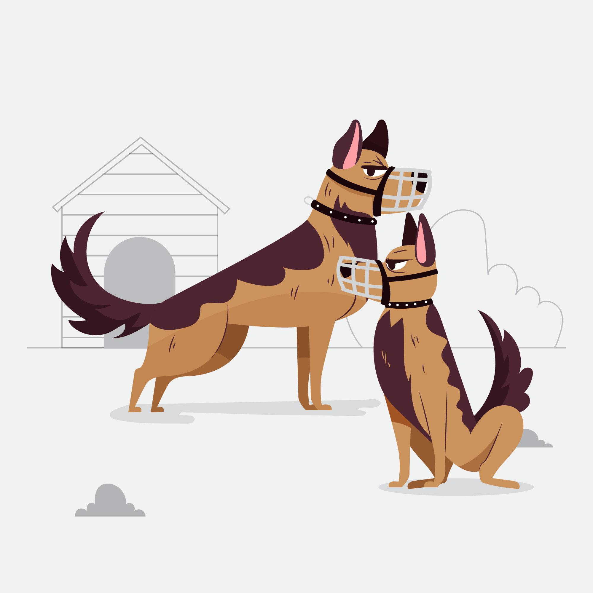 Muzzled dogs illustration representing dog aggression management
