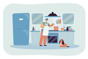 Dog watching owner cook in the kitchen illustration