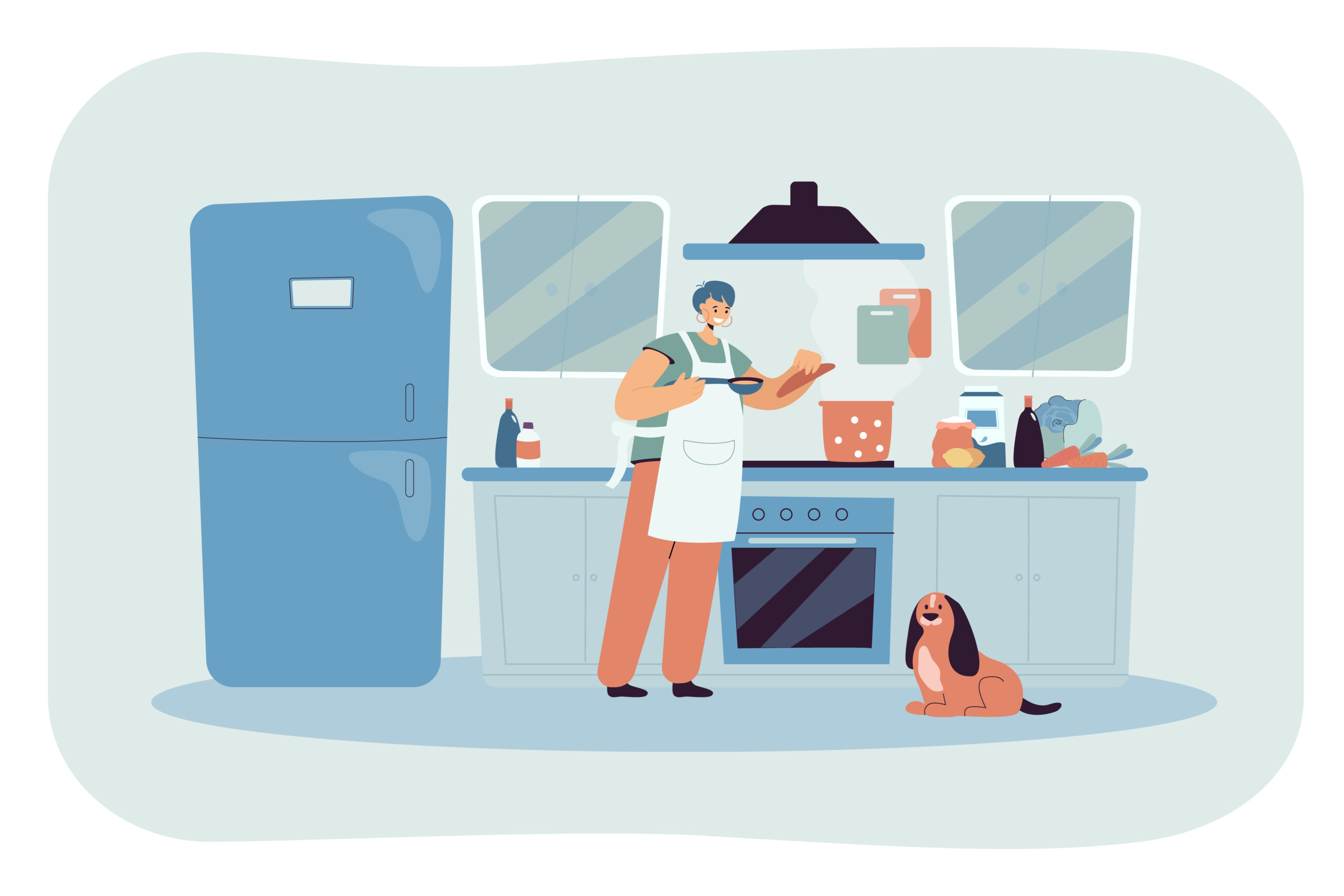 Dog watching owner cook in the kitchen illustration