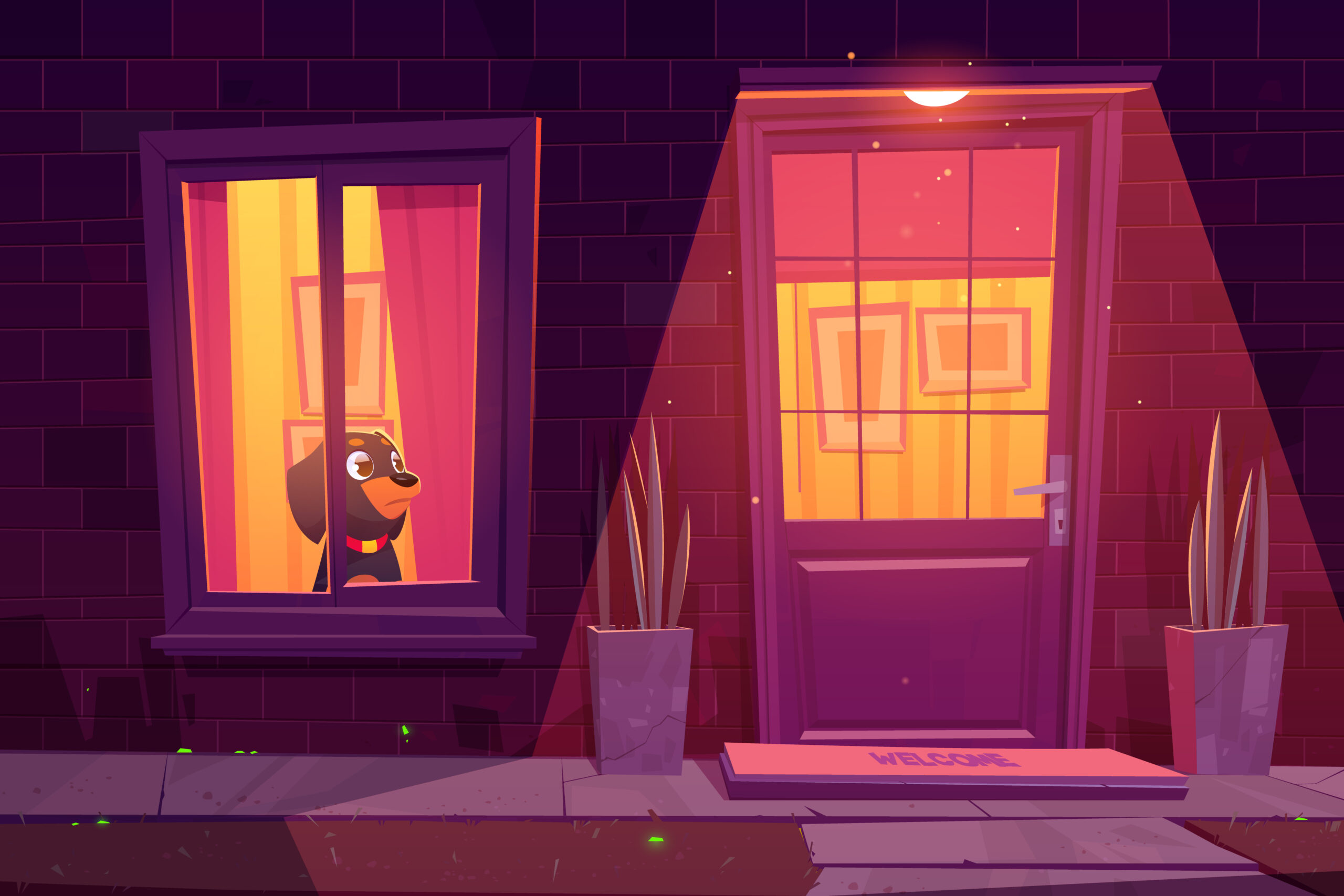 Sad dog waiting by the window alone at home illustration