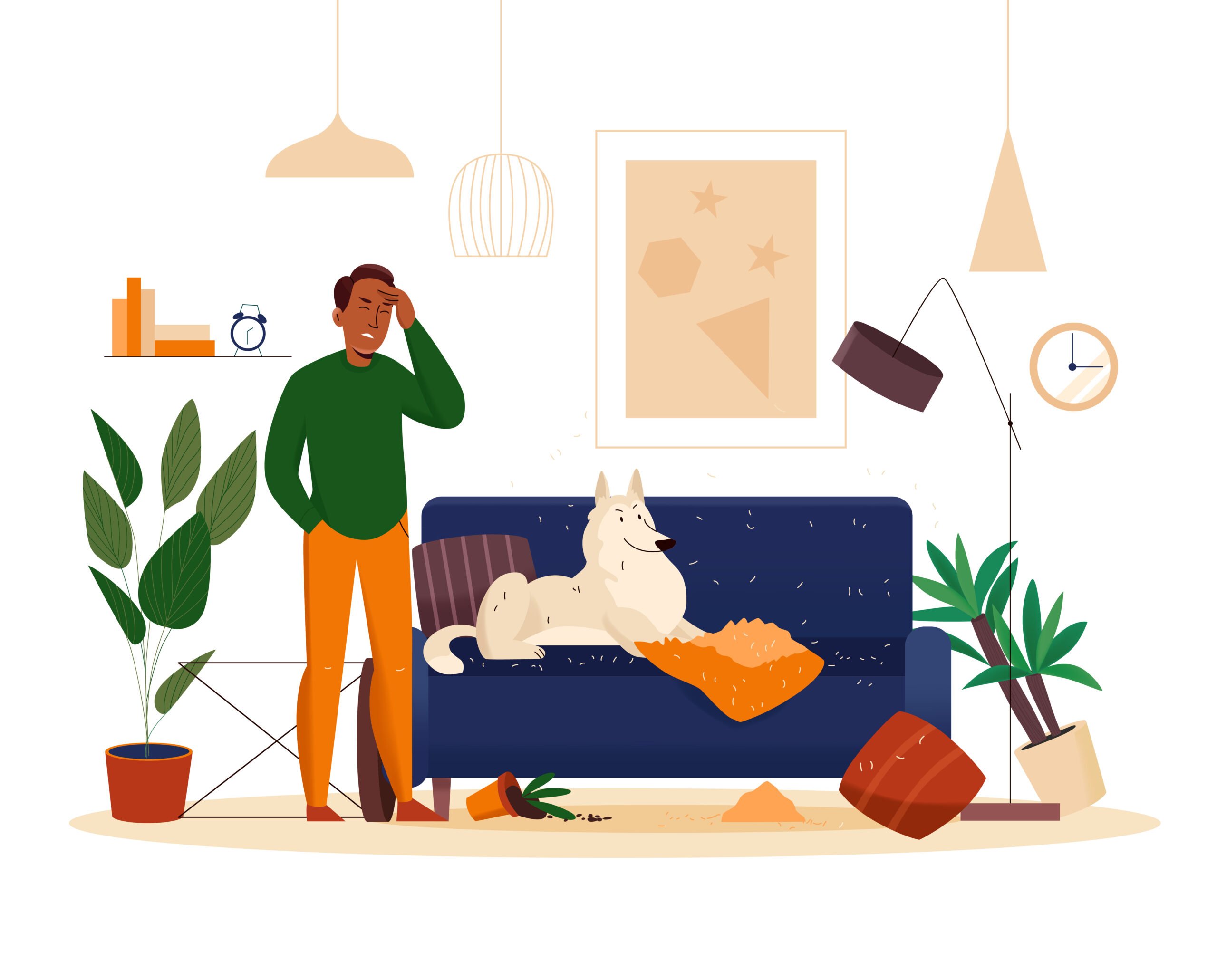 Frustrated owner with naughty dog in messy living room illustration