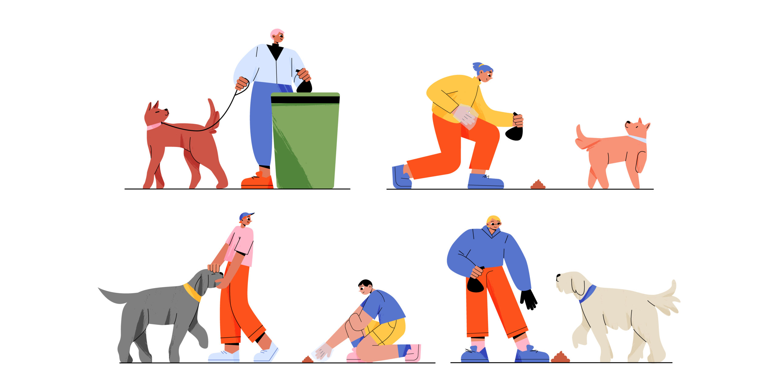 Owners walking dogs and picking up after them illustration