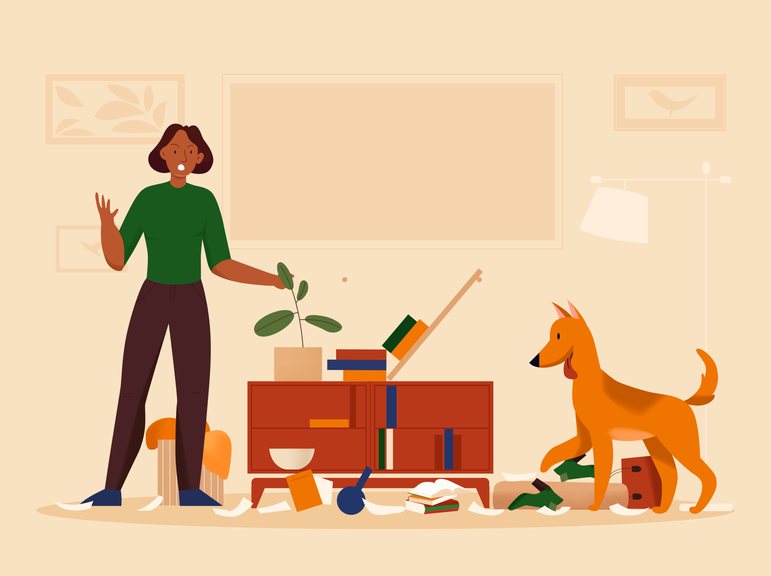 Naughty puppy destroying household items illustration