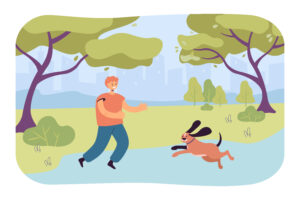Owner bonding with dog outdoors illustration