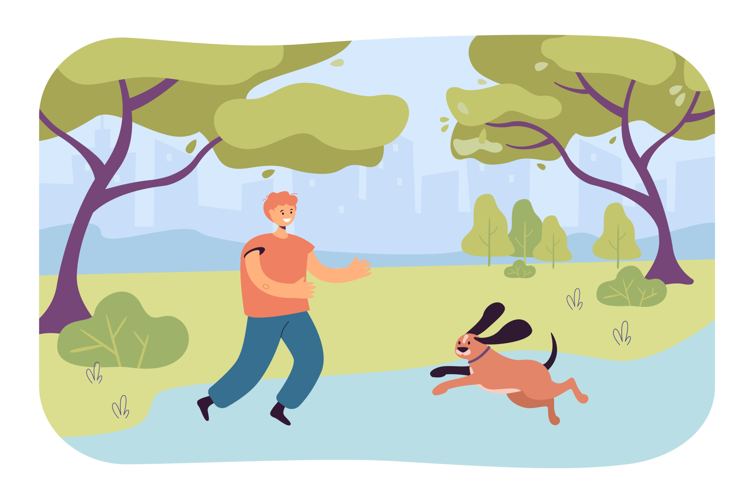 Owner bonding with dog outdoors illustration